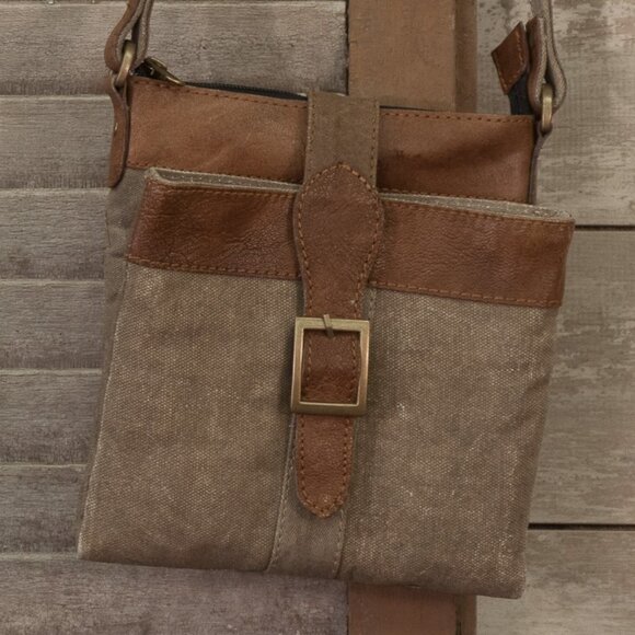 Mona B Handbags - Mona B Unisex Crossbody Brown Canvas With Leather Accents